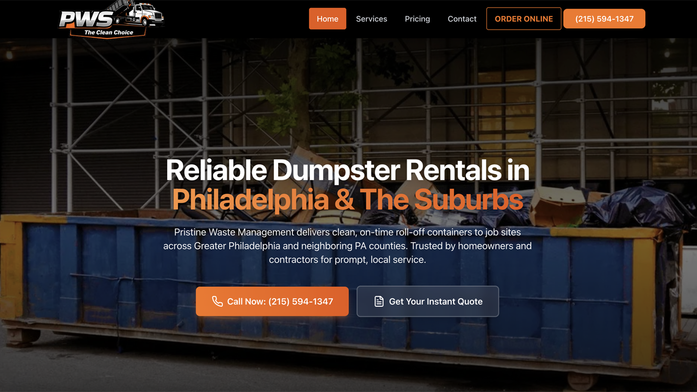 Pristine Waste website homepage preview